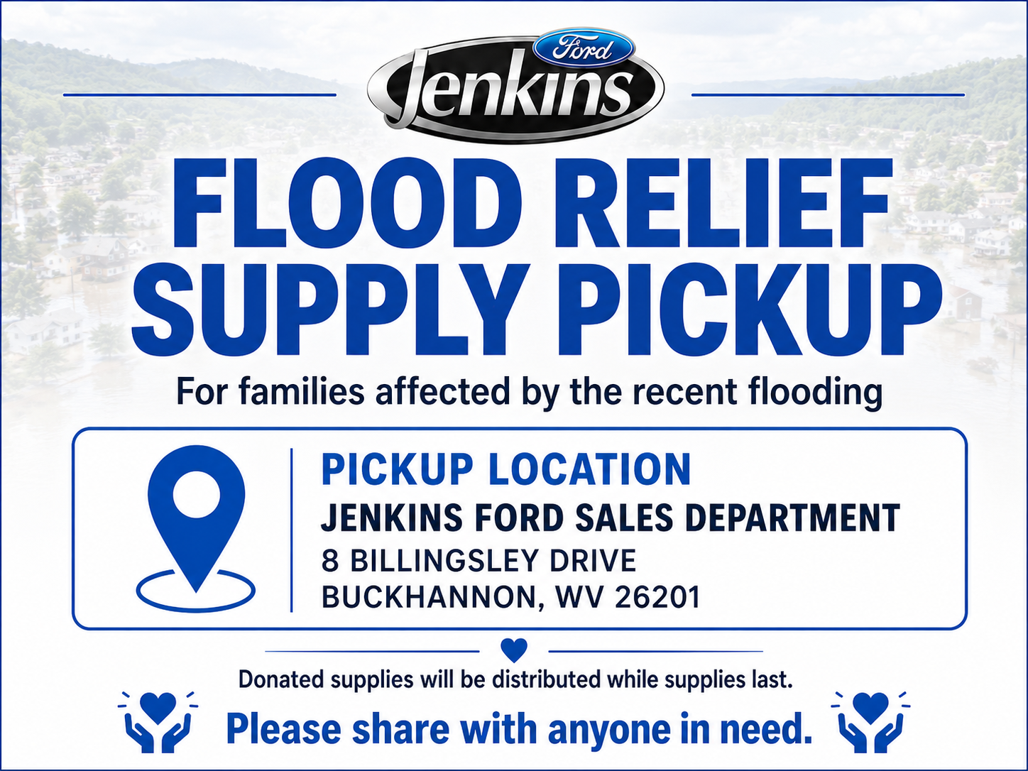 Flooding in Buckhannon, West Virginia, during the Jenkins Ford flood relief donation drive.