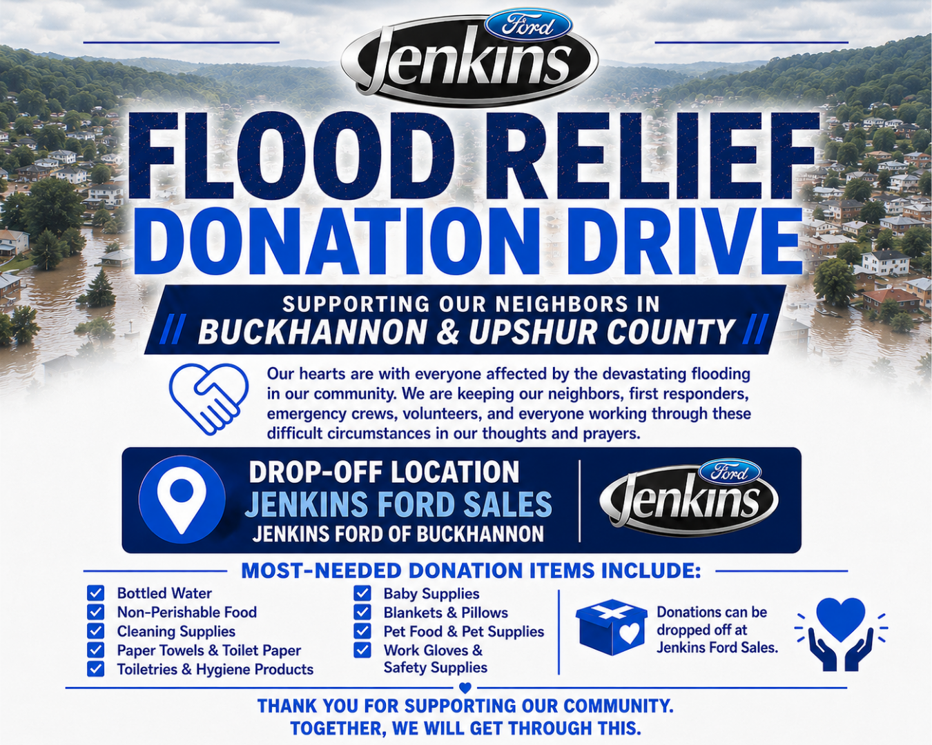 Flooding in Buckhannon, West Virginia, during the Jenkins Ford flood relief donation drive.