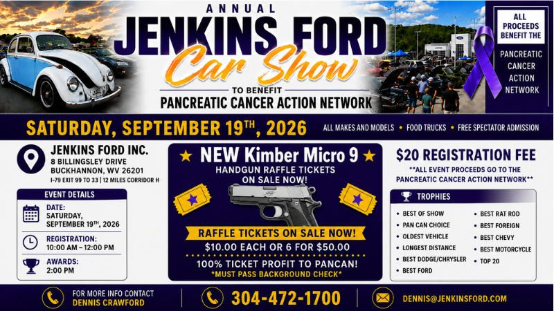 Jenkins Ford Annual Car Show on September 19, 2026, benefiting the Pancreatic Cancer Action Network in Buckhannon, West Virginia.